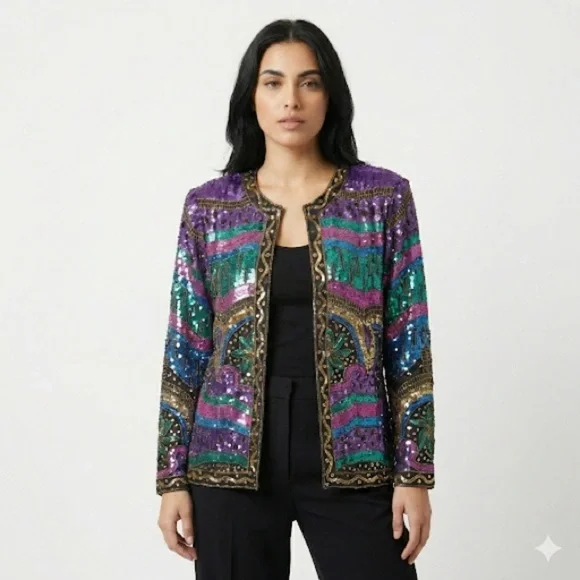 Jakelin Designs vintage silk sequin statement jacket XL - Picture 1 of 16